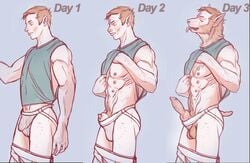 1boy balls bulge canid canine clothing ear_piercing hair human jockstrap knot male male_only mammal multi_nipple nipples penis piercing sequence short_hair simple_background solo tail_growth transformation underwear vixden