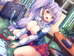 :d areolae armband asa_no_ha bag bangs between_legs big_breasts blush breasts breasts_out curtains eyebrows_visible_through_hair eyelashes female fingernails hair_ornament hair_ribbon hairclip hand_between_legs highres indoors large_breasts lavender_hair long_fingernails long_hair long_sleeves looking_at_viewer magazine miniskirt nail_polish necktie necktie_removed no_bra one_side_up open_mouth orange_eyes original pink_nails plaid plaid_skirt plant pleated_skirt potted_plant purple_hair red_neckwear red_skirt ribbon sailor_collar school_bag school_uniform shirt shirt_lift sitting skirt smile solo striped striped_neckwear table tissue tissue_box tongue very_long_hair wariza white_ribbon white_sailor_collar white_shirt window