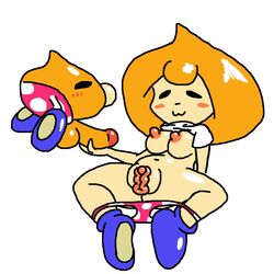 1:1 :3 alternate_species balls blush bottomwear breasts clothed clothing female hair humanoid humanoidized jk-kino male mario_(series) nintendo nipples no_humans orange_hair orange_skin pants_down partially_clothed penis pussy shorts strollin'_stu super_mario_sunshine video_games