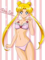 1girls adjusting_bra belly_button bishoujo_senshi_sailor_moon blonde_hair blue_eyes bra breasts double_bun female female_only gentoku lingerie long_twintails looking_at_viewer panties pink_bra pink_panties small_breasts solo twintails underwear_only usagi_tsukino