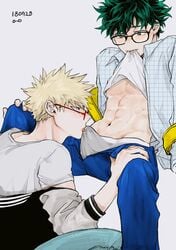 2boys abs erection erection_under_clothes fanon_couple gay izuku_midoriya katsuki_bakugou licking male male_only megane_o__o multiple_boys muscle my_hero_academia penis penis_bulge shirt shirt_lift yaoi