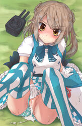 absurdres alternate_costume artist_request blue_bow blush bow bowtie brown_hair commentary_request compass cum cum_in_pussy cumdrip double_bun enemy_lifebuoy_(kantai_collection) female frilled_skirt frills gloves grass hair_bun highres kantai_collection michishio_(kantai_collection) mismatched_legwear panties panties_aside plaid plaid_panties puffy_short_sleeves puffy_sleeves short_sleeves short_twintails skirt solo thighhighs turret twintails underwear white_gloves yellow_eyes