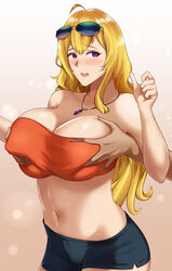 1boy 1girls blonde_hair blush breast_grab breasts cleavage female ganzu huge_breasts male rwby straight yang_xiao_long