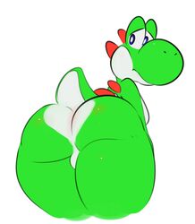 2019 ass backsack balls blue_eyes digital_media_(artwork) elpatrixf female female_only futanari green_yoshi intersex looking_back mario_(series) nintendo nude simple_background solo thick_thighs video_games white_background yoshi