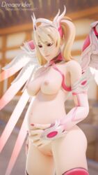 1girls 3d alternate_costume areolae blender blonde_hair breasts dreamrider female female_only mercy nipples overwatch pink_mercy pregnant pussy solo twintails