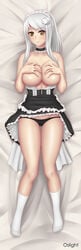 1girls big_breasts black_panties breasts clothing dakimakura dakimakura_design female female_only hair large_breasts long_hair maid oslight panties solo thigh_gap white_hair yellow_eyes