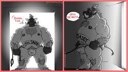 2019 anthro belly big_belly blizzard_entertainment bodily_fluids bulge clothed clothing dialogue domestic_pig english_text fur genital_fluids glistening gloves hair handwear hi_res leash male male_only mammal mask monochrome nintendo offscreen_character outcast-stars overwatch overweight precum roadhog rubber solo speech_bubble standing suid suina sus_(pig) tattoo text topless tusks underwear video_games