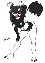 1girls 2019 3_fingers 3_toes alternate_breast_size alternate_species anthro anthrofied areolae arm_up armpits ass belly bernardol22 big_ass big_tail black_fur blue_eyes breasts claws eyelashes feet female female_only furry galarian_zigzagoon half-closed_eyes hand_on_head hi_res hitori09 human looking_away marnie_(pokemon) navel nintendo nipples nude paws pink_sclera pinup pokémon_(species) pokedex pokemon pokemon_ss pokemorph pokephilia pose simple_background sketch solo source_request spread_legs tail text transformation video_games watermark white_background white_fur white_nipples wide_hips zigzagoon