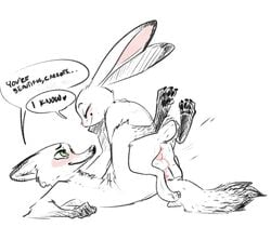 amazon_position anthro balls black_and_white blush canid canine closed_eyes dialogue disney duo english_text female fox girl_on_top green_eyes happy happy_sex heart judy_hopps lagomorph leporid long_ears lying male mammal nick_wilde nobby_(artist) on_back penetration penis rabbit scut_tail sex simple_background sketch smile speech_bubble straight text vaginal_penetration zootopia