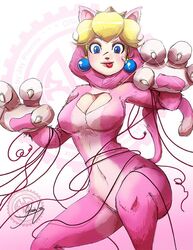 1girls blonde_hair blue_eyes breasts cat cat_ears cat_peach cat_tail claws cleavage crown curvy earrings female female_only hips jay_phenrix looking_at_viewer mario_(series) nintendo princess_peach super_mario_3d_world thick thighs tongue_out wide_hips yarn