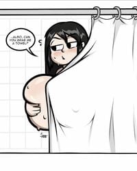 1girls 2018 animated animated_gif bathroom black_hair blush breasts convenient_censoring covering_breasts curtains dated female huge_breasts hyper hyper_breasts jinnsart long_hair original_character shower shy source_request standing taking_picture text the_swim_instructor_(jinnsart) watermark wet