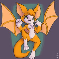 1:1 2019 3_toes 4_fingers anthro big_ears breasts chest_tuft chiropteran dust:_an_elysian_tail featureless_breasts female fidget fingers fur green_eyes hair mammal nimbat nude open_mouth orange_fur orange_hair pussy pyriax smile solo spread_wings toes tuft video_games wings yellow_fur