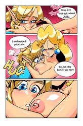 1boy 1girls big_breasts blonde_hair blue_eyes breasts breath_of_the_wild cmnf comic crossover english_text female head_in_cleavage hug link link_(breath_of_the_wild) long_hair male mario_(series) nintendo nipples nude princess_peach sasatseng speech_bubble text the_legend_of_zelda