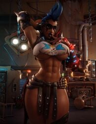 1girls 3d axistryker big_breasts black_nails blizzard_entertainment blue_hair braided_hair breasts earrings fauxhawk_(hairstyle) female female_only fingerless_gloves fit fit_female human junker_queen large_breasts looking_at_viewer muscle_mommy muscular muscular_female odessa_stone overwatch overwatch_2 piercing pose posing red_eyes solo thick_thighs toned toned_female torn_clothes underboob wide_hips