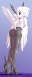 absurd_res anthro ass avian blue_eyes feather_6 feathers female gobanire hi_res looking_at_viewer pantyhose simple_background solo white_feathers white_fire_(character) winged_arms wings