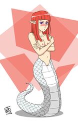 artist_name blush female full_body lamia lammy_the_lamia looking_at_viewer monster_girl orange_hair pointy_ears purple_eyes scalie serpent snake solo wqtheartist