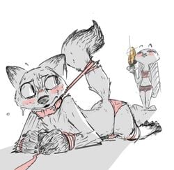 anthro black_and_white blush bodily_fluids bondage bound bra buttplug canid canine collar disney duo female fox hi_res judy_hopps lagomorph leash leporid male mammal nick_wilde nobby_(artist) panties rabbit raised_tail rough_sketch sex_toy sketch smug straight sweat underwear zootopia