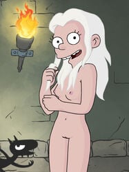 1girls accurate_art_style calarts casual demon disenchantment female female_focus happy human innie_pussy looking_at_viewer naked nipples nobodyman9000 nude nude_female pale_skin pink_nipples princess princess_tiabeanie skinny small_breasts smile torch white_hair