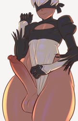 1boy ambush_(trap) blindfold cleavage_cutout crossdressing crossplay erection femboy hung_trap long_penis male_focus male_only nier:_automata playzholder presenting_penis solo solo_male testicles thick_thighs trap white_background white_hair wide_hips yorha_2b_(cosplay) yorha_9s