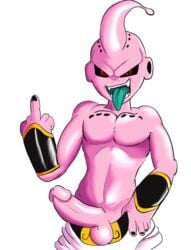 2019 alien balls clothed clothing dragon_ball dragon_ball_z gesture humanoid kid_buu littletrixter majin_buu male male_only middle_finger open_mouth penis pink_skin red_eyes solo teasing teeth tongue