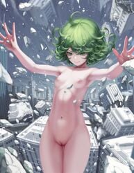 1girls armpits arms_up casual casual_nudity deep_armpits destruction flat_chested giantess green_hair human innie_pussy letdie1414 naked nipples one-punch_man public_nudity pussy sky small_breasts tatsumaki uncensored