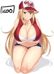 1girls arms_under_breasts big_breasts blonde_hair booty_shorts cleavage cosplay fatal_fury hat huge_breasts icoo large_breasts mythra nintendo terry_bogard thick_thighs uncomfortable xenoblade_(series) xenoblade_chronicles_2