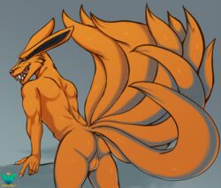 absurd_res anthro anthro_only ass balls canid canine fox fur genitals grin hi_res kurama looking_back male mammal multi_tail naruto nude open_mouth orange_body orange_fur prince-vulpine red_eyes simple_background smile solo solo_male tailed_beast teeth