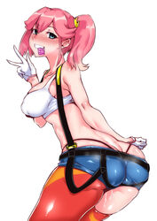 aina_ardebit artist_name ass ass_cleavage bare_shoulders blue_eyes blush breasts butt_crack clavicle cleavage condom condom_in_mouth condom_wrapper eyebrows_visible_through_hair female gggg gloves hair_between_eyes high_resolution looking_at_viewer medium_breasts mouth_hold naughty_face open_mouth pink_hair posterior_cleavage promare shiny shiny_skin short_shorts shorts sideboob solo suspenders sweat tank_top thighhighs thong v very_high_resolution white_background white_gloves