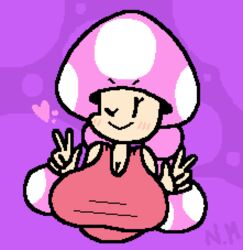 1girls big_breasts breasts cleavage clothed clothed_female clothing double_v female female_focus female_only fully_clothed fungi_fauna heart looking_at_viewer mario_(series) mob_face nintendo one_eye_closed pixel_art purple_background simple_background sleepyslut smile smiling_at_viewer solo solo_female tank_top toadette v