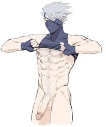 1boy abs balls big_penis black_eyes fingerless_gloves forehead_protector gloves grey_hair hatake_kakashi headband huge_cock juhihuji large_penis looking_at_viewer male male_only mask naruto naruto_(series) naruto_shippuden nipples one_eye_covered pecs penis pose posing presenting_penis rrrotten shirt_lift shirt_up sleeveless sleeveless_shirt solo solo_focus solo_male standing testicles undressing