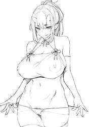 bare_shoulders blush cameltoe collarbone covered_nipples eyebrows_visible_through_hair female greyscale hair_between_eyes horns medium_hair monochrome navel obmas_(pfeito) original pubic_hair pubic_hair_peek slit_pupils solo standing thighhighs tied_hair tongue tongue_out