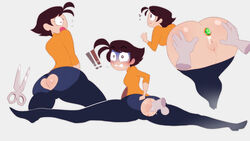 1girls anus_cutout blush blushing buttplug disembodied_hand disembodied_hands disembodied_penis female lana2345 leggings male oney_plays orange_shirt scissors shirt short_hair splits straight veronica veronicaandjelly yoga_pants youtube youtuber