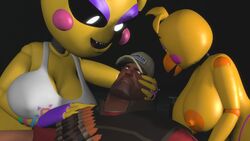 1boy 2girls 3d 3d_(artwork) angry anthro big_breasts breasts crossover female five_nights_at_freddy's heavy_weapons_guy male molestation nipples palpatinedewit robot robot_girl team_fortress_2 toy_chica_(eroticphobia) toy_chica_(fnaf)