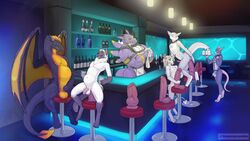 16:9 alcohol animal_genitalia animal_penis bar better_version_at_source beverage bulge canine_penis cup dildo domestic_cat dragon dragoneer_(character) felid feline felis group hi_res humanoid_penis lube mammal mouse murid murine penis rodent sergal sex_toy specterdragon tankh