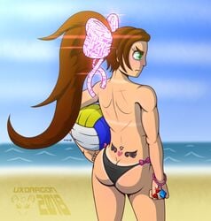 1girls angry back_view beach scar text thigh_gap topless uxdragon uxxie_(uxdragon) watermark