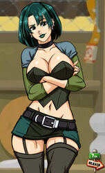 1girls 7th-heaven arms_crossed artist_name big_breasts black_socks breasts cleavage female female_only green_eyes green_hair green_lipstick gwen_(tdi) hair human human_only large_breasts skirt socks solo thigh_socks thighhighs total_drama_island watermark