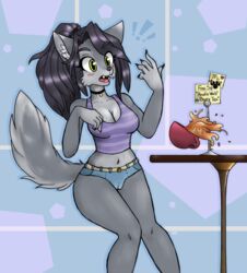 ! 2019 anthro beverage black_hair black_nose bottomwear breasts cameltoe canid canine canis choker clothing cup female green_eyes hair hi_res implied_transformation jewelry mammal navel necklace open_mouth ponytail pussy shirt shorts sign solo surprise table tank_top tea topwear wilderlove wolf