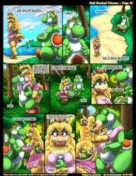 2019 animal_genitalia balls blonde_hair blue_eyes blush closed_eyes clothed clothing dorrie duo english_text female fully_sheathed green_yoshi hair half-closed_eyes hi_res kissing kitsune_youkai koopa looking_back male mario_(series) nintendo page_5 penis penis_tip princess_koopa princess_peach scalie sheath speech_bubble straight super_mario_bros. super_mario_world text torn_clothing video_games yoshi