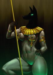 2017 ankh anthro athletic black_nose breasts canid canine canis dekotf egyptian_mythology female glowing glowing_eyes green_eyes hand_on_hip jackal jewelry mammal middle_eastern_mythology mythology navel nipple_piercing nipples piercing pussy simple_background snout solo staff thick_thighs wide_hips