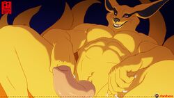 1boy abs anhes big_penis erection fox huge_cock knot kurama large_penis male male_only muscles muscular muscular_male naruto naruto_(series) naruto_shippuden orange_fur pecs penis red_eyes solo solo_focus solo_male whisker_markings whiskers