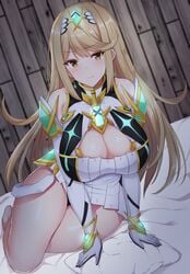 1girls armor bangs bed blonde_hair breasts cleavage cleavage_cutout covered_navel earrings female gem gloves headpiece highres jewelry large_breasts looking_at_viewer mythra_(xenoblade) nintendo noeomi shoulder_armor simple_background solo swept_bangs thigh_strap tiara xenoblade_(series) xenoblade_chronicles_2 yellow_eyes