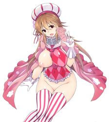 :o agrostemma_(flower_knight_girl) argyle asymmetrical_clothes breasts brown_hair cape covered_navel cowboy_shot female flower_knight_girl frills gloves hat kuroama large_breasts long_hair looking_at_viewer necktie nipples no_panties one_breast_out open_mouth pink_cape pink_neckwear pink_shirt red_eyes sailor_collar shiny shiny_clothes shiny_skin shirt simple_background sitting skin_tight solo striped striped_legwear thighhighs v vertical-striped_hat vertical-striped_legwear vertical_stripes white_background white_gloves white_sailor_collar