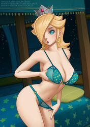 1girls blonde_hair bra c-shape clothing crown curvy deilan12 female female_only hair hair_over_one_eye long_hair mario_(series) nintendo panties princess princess_rosalina solo super_mario_galaxy video_games