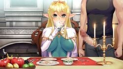 1boy 1girls almia_agraliel apple big_breasts blonde_hair blush breasts busty candle censored crown cum cum_in_container cum_in_cup cum_in_glass cum_on_food dress drinking_cum elf elf_ears faceless_male female food food_play fork fruit fruit_bowl game_cg gloves jewelry knife kyonyuu_elf_oyako_saimin large_breasts lune male male_human/female_elf mosaic_censoring muscular_male penis penis_out pointy_ears princess royalty sitting white_gloves