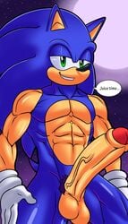 abs anthro anthrofied balls big_penis blue_fur detailed_background edit english_text foreskin furry glans gloves green_eyes hedgehog hithog huge_cock long_penis looking_at_viewer male male_only mammal muscles muscular muscular_male night partially_retracted_foreskin penis pubic_hair smile solo solo_male sonic_(series) sonic_the_hedgehog speech_bubble superbunnygt text uncut veiny_penis