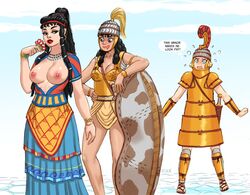 3girls ancient ancient_crete ancient_greece ancient_history armor bare_arms bare_breasts bare_legs black_hair blonde_hair blue_eyes boar_tusk_helmet bracelet bracers breasts breasts_out bronze_age brown_eyes cleavage crete dendra_panoply dress europe european european_mythology exposed_breasts female_only flick greaves greece greek helmet historical history large_breasts light_skin light_skinned_female lipstick minoan multiple_girls mycenaean mythology national_personification necklace nipples olive_skin pauldrons public_domain sandals shield skirt southern_european sword tanned_female tanned_skin weapon yuri