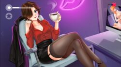 amber_(fap_ceo) black_skirt black_stockings business_suit fap_ceo miniskirt office office_lady pencil_skirt red_shirt rose_(fap_ceo) short_hair skirt skirt_suit stockings tight_skirt