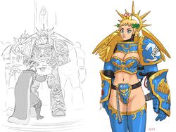 1girls 4boys adeptus_astartes armor black_and_white blonde crossover female female_space_marine fit_female flick gender_transformation genderbend genderswap_(mtf) imperium_of_man mario_(series) new_super_mario_bros._u_deluxe power_armor primarch purity_seal roboute_guilliman rule_63 space_marine super_crown transformation ultramarines warhammer_(franchise) warhammer_40k