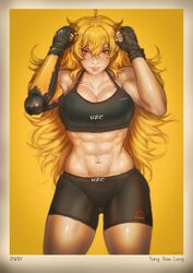 1girls 2019 abs big_breasts booty_shorts breasts cleavage female female_only fingerless_gloves highres huge_breasts large_breasts long_hair looking_at_viewer mma mma_gloves muscles muscular muscular_female naughty_face prinzkuon prosthetic prosthetic_arm red_eyes robotic_arm rwby smile solo sports_bra thick_thighs ufc white_skin workout_clothes yang_xiao_long yellow_background yellow_hair