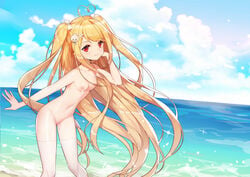 beach blonde_hair breasts clouds hair long_hair niliu_chahui nipples nude original pussy red_eyes sky tokisaki_asaba twintails uncensored water